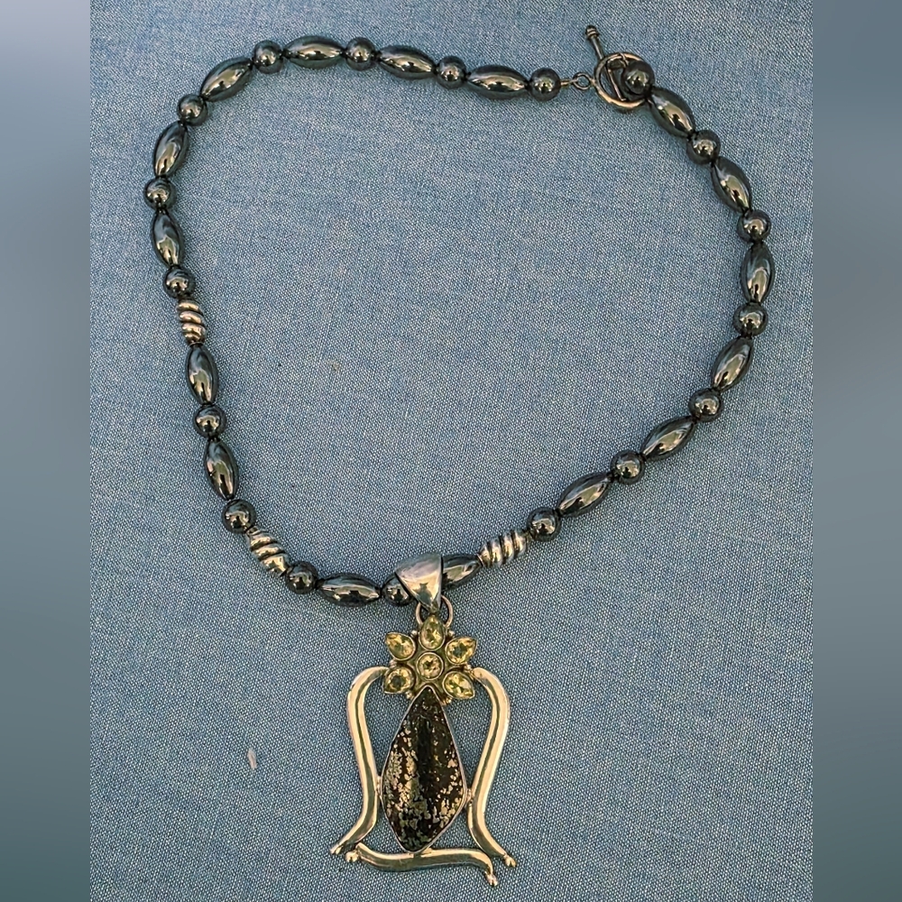Hematite & Sterling Silver Beaded Necklace with Sterling Silver/Obsidian Pendant